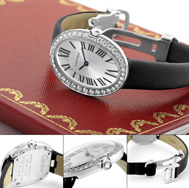 The 18k white gold copy Cartier Baignoire WB520008 watches have black spun silk straps.